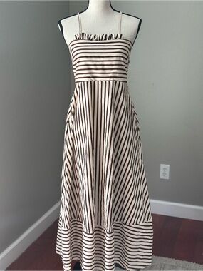 Japna Striped Cottagecore Cotton Cream and Brown Maxi Boho Dress with Pockets